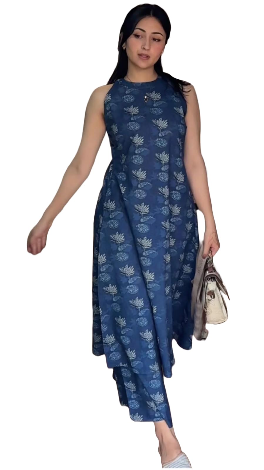 GoSriKi Cotton Kurta Set for Women Elegant Coordinates Set for Women Printed A-Line Kurta with Pant Drawstring Set for Women Ele