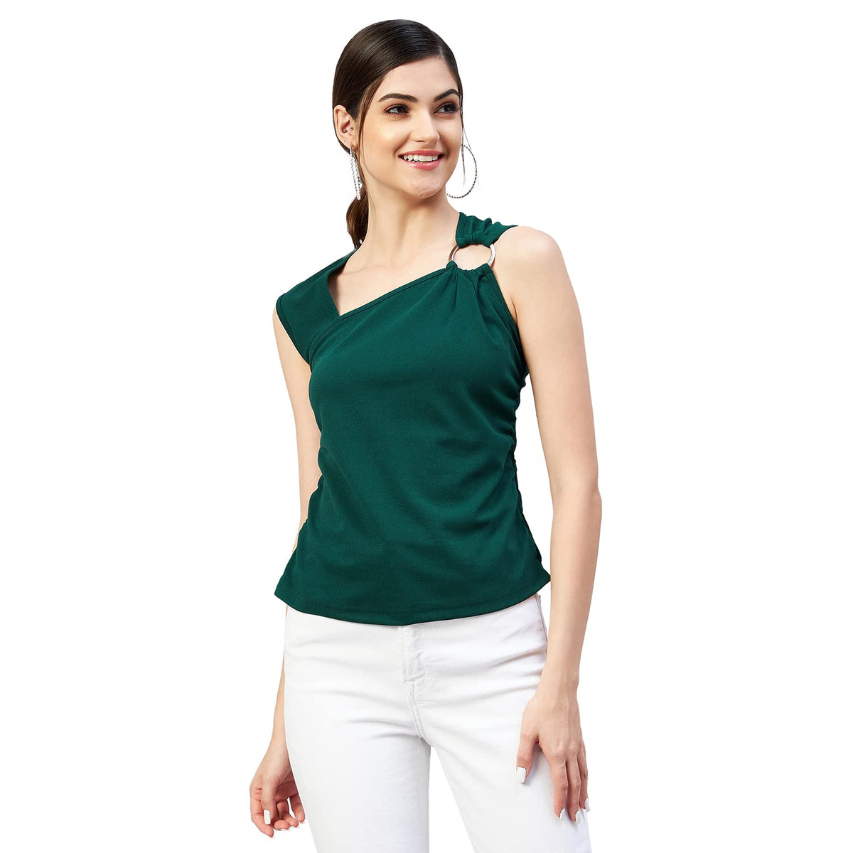 Rare Women Casual Green Colour V-Neck Solid Regular Top