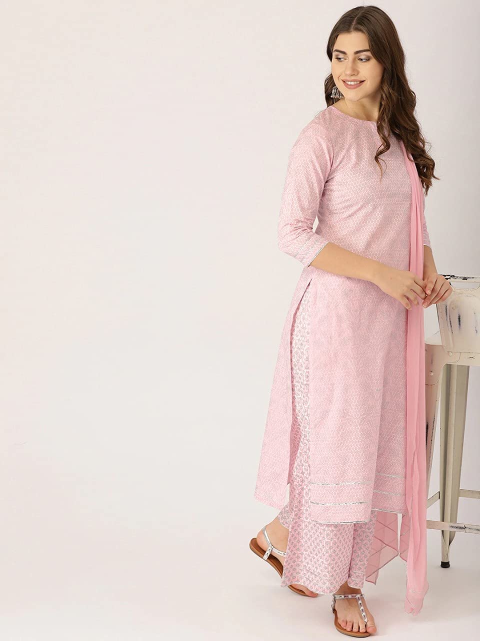 GoSriKi Women's Cotton Blend Straight Printed Kurta with Palazzos & Dupatta (Shopping-Pink-Go-1)