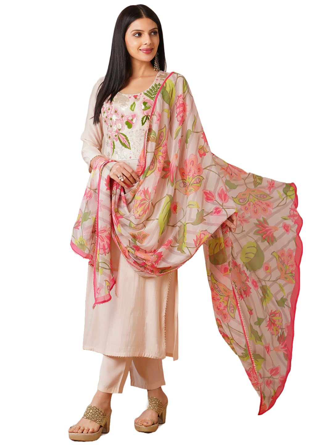 ANNI DESIGNER Womens Rayon Blend EmbroideCream Straight Kurta with Pant & Dupatta (VEJANTI Cream_XXL_Cream_XX-Large)