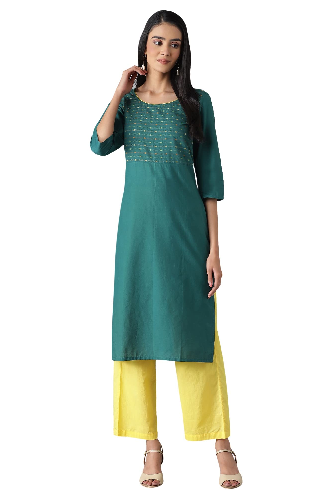Aurelia WomenS Green Cotton Kurta And Yellow Pant Set