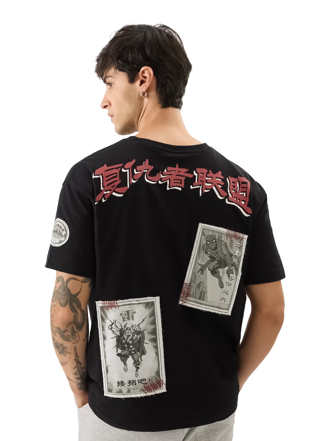 The Souled Store Official Marvel: Comic Cards Men and Boys Short Sleeve Round Neck Black Graphic Printed Cotton Oversized T-Shir