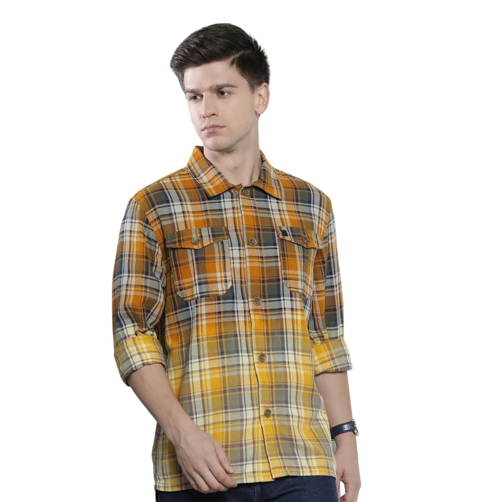 The Indian Garage Co Men Yellow Regular Fit Checkered Over Shirt