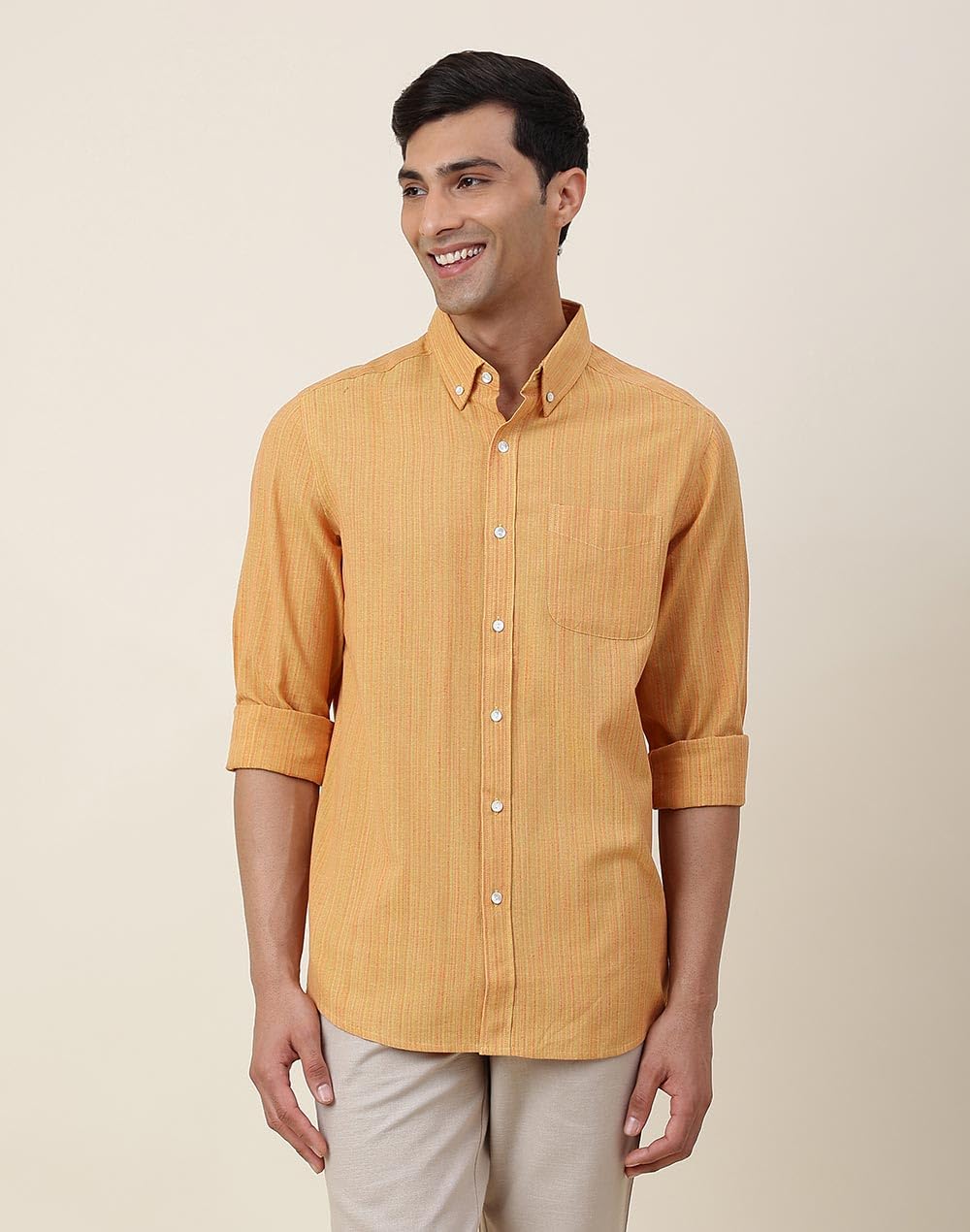 Fabindia Men's Striped Comfort Fit Button Down Shirt (1027449MUSTARD_Yellow