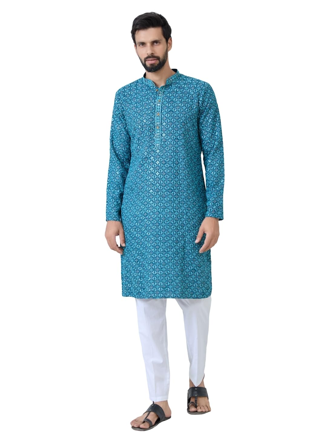 See Designs Mens Full Sleeve Mandarin Collar Men Dark Blue Embroidered Mandarin Collar Straight Long Kurta - Festive Collection