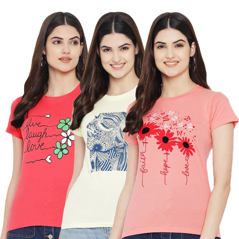 Preneum Womens Cotton Regular Fit Latest Graphic Stylish Printed Short Sleeves Casual T-Shirt || Trendy (Pack 3), Pink & Off Wh