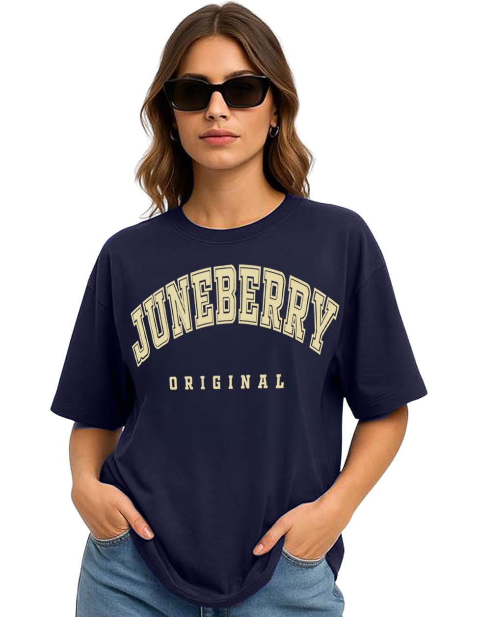 Juneberry Navy Blue & Beige Oversized Drop Shoulders Brand Logo Typography Print Round-Neck Relaxed Fit T-Shirt For Women (Jb_Os