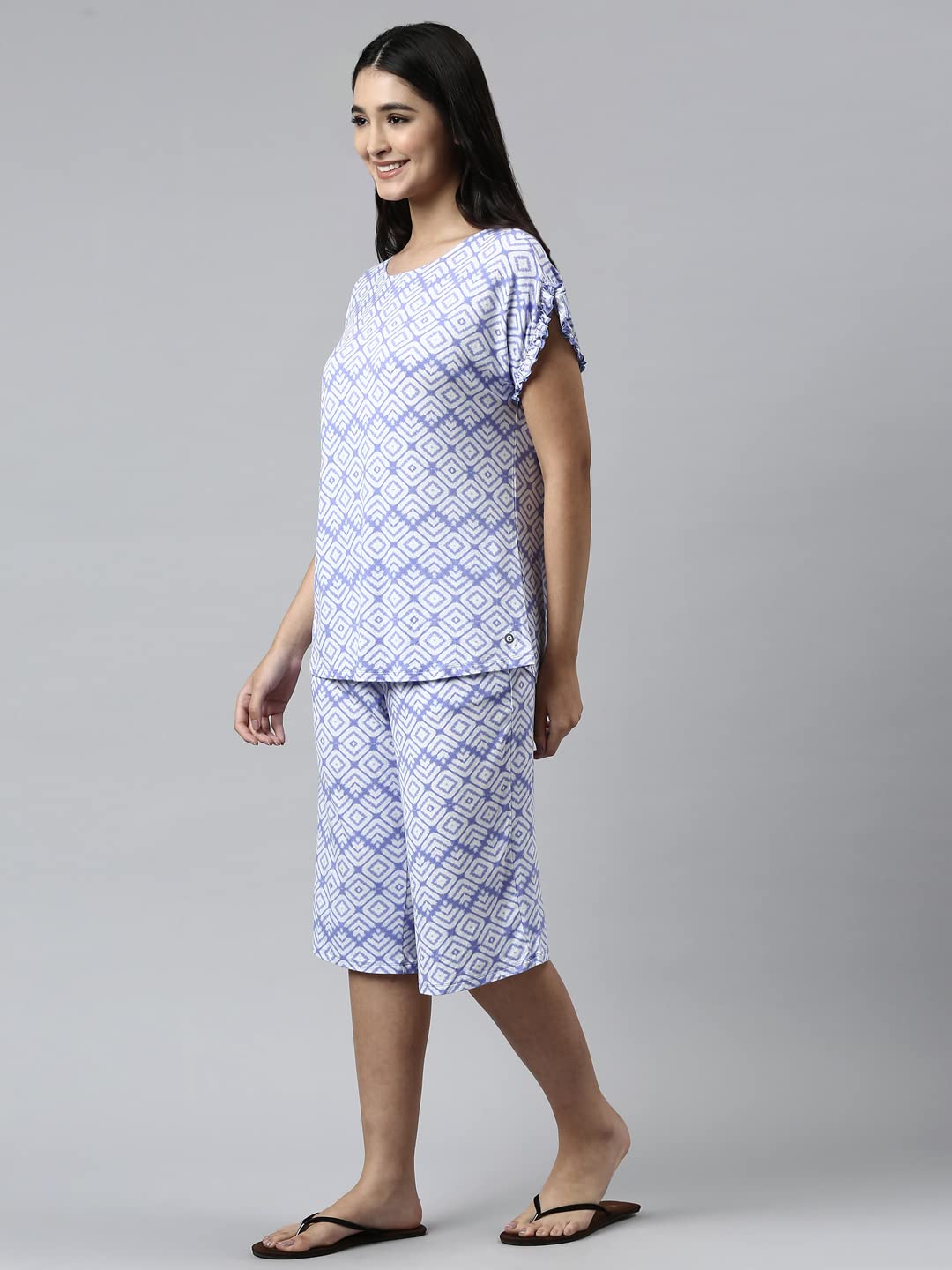 Enamor Essentials-Relaxed Fit Viscose Printed Ruffled Trim Tee & Shant Lounge Set For Womens-EC18 (EC18_Purple Slate Tie Dye Aop