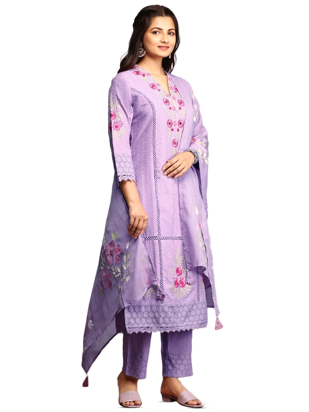 Ishin Women Purple Cotton Kurta Set With Dupatta