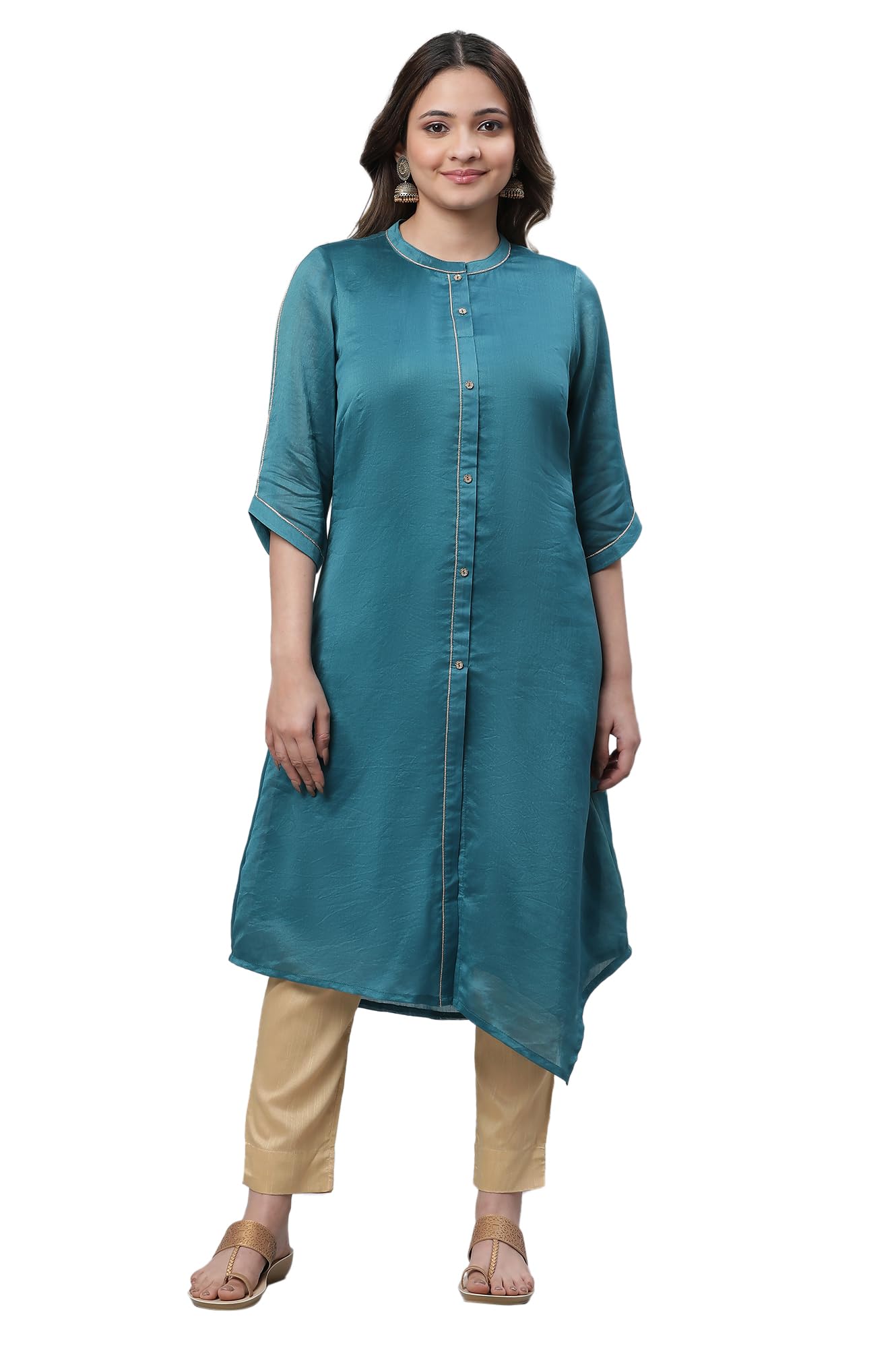 Aurelia Women's Teal Solid Yarn Dyed Viscose Asymmetrical Kurta_23AUA14178-704226_L