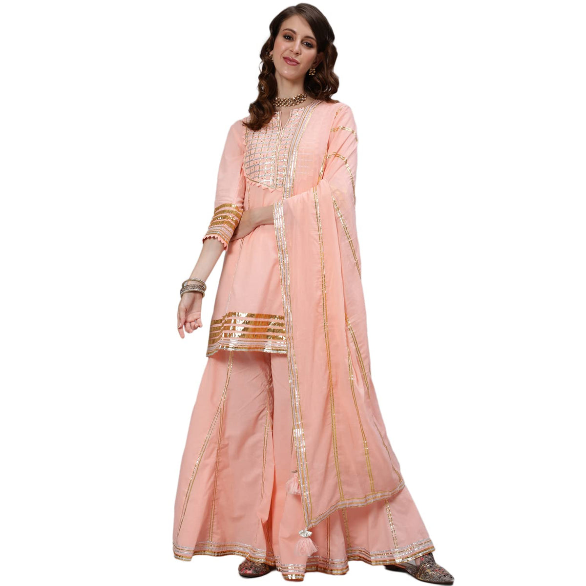ishin Womens Pure Cotton Embroidered Gotta Patti Peach Checked Print Straight Kurta suit set With Dupatta & Sharara