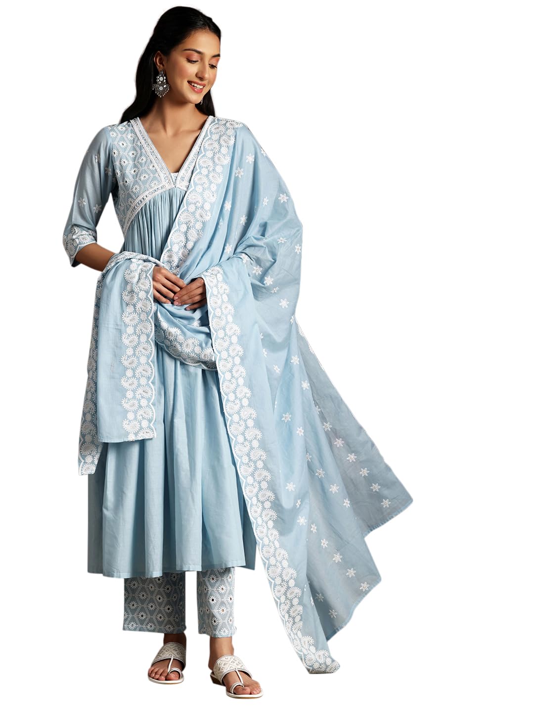 Libas Womens Embroidered Cotton A-Line Kurta With Palazzos And Dupatta