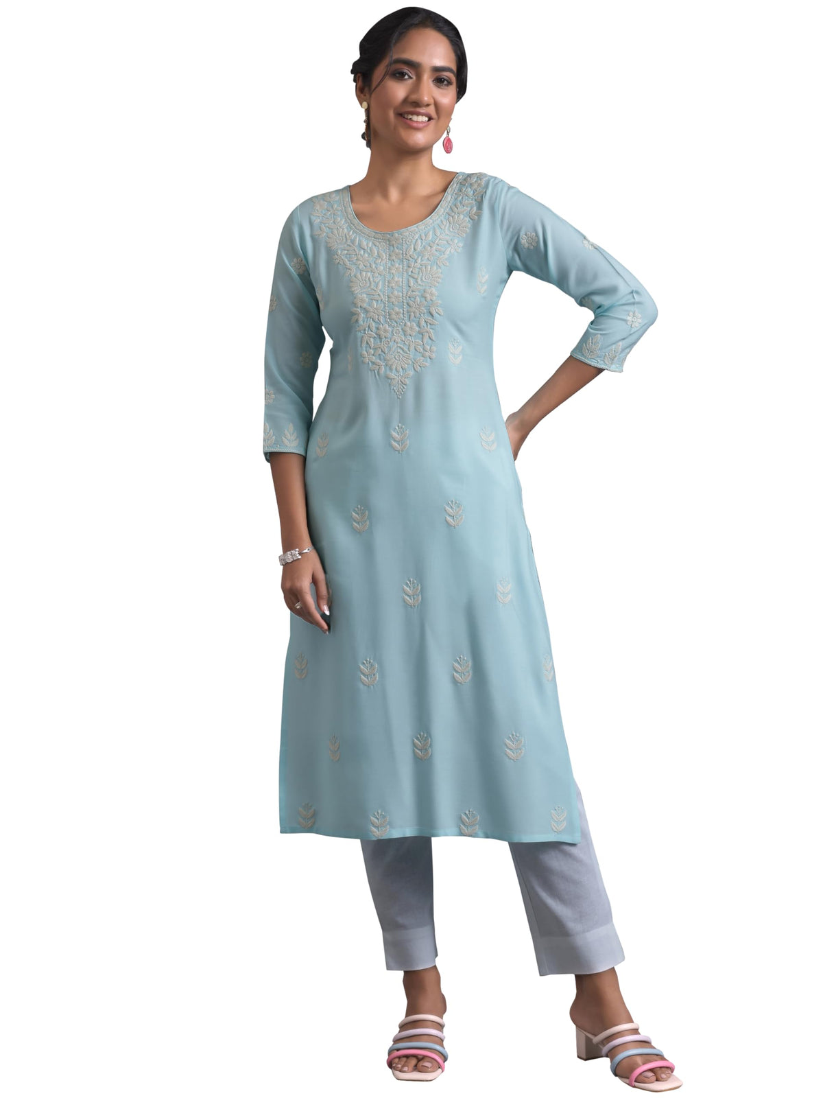 Libas WomenS Viscose Rayon Ethnic Motifs Straight Kurta (37113 Blue