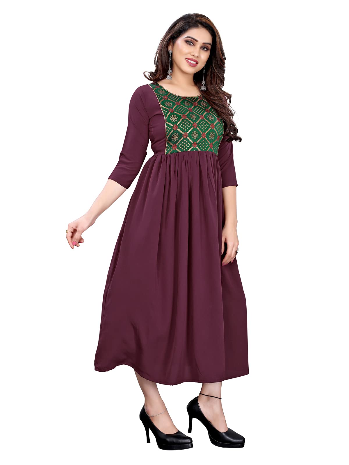 Sanisa Women's Crepe Brocade Patch/Dyed Knee-Length Anarkali Kurta