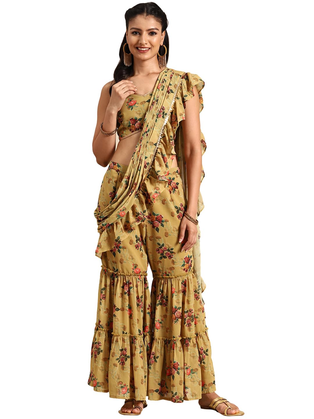 Libas WomenS Georgette Saree (34490_Olive)