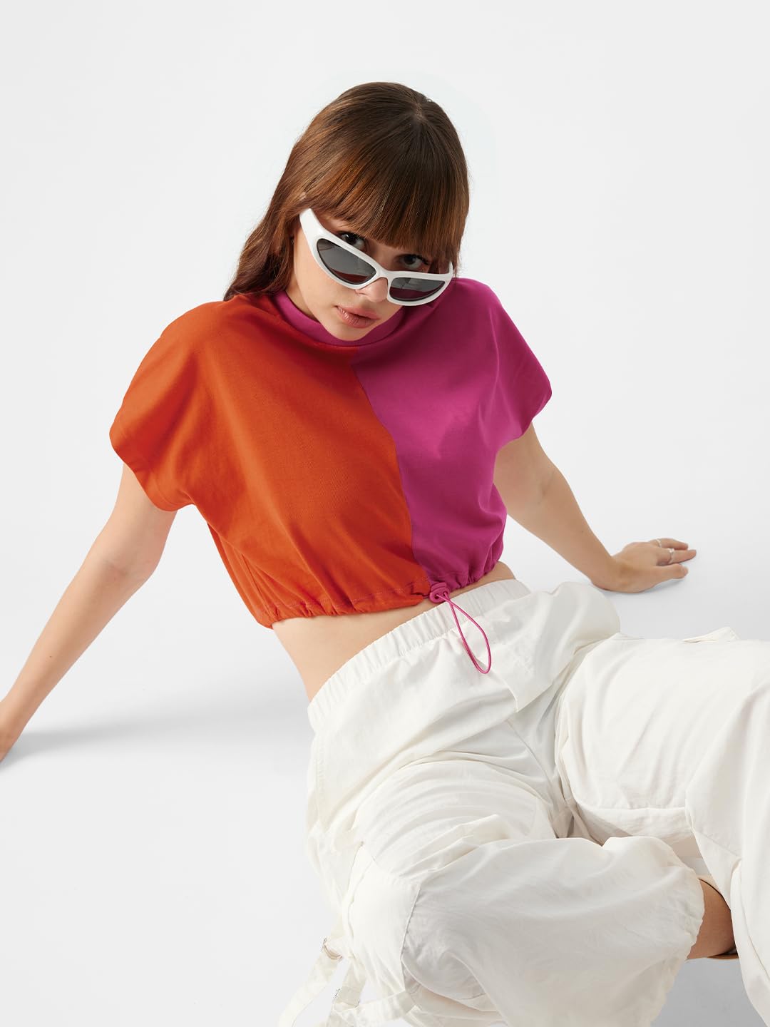 The Souled Store Colourblock: Blazing Orange, Hot Pink Women Cropped Tops
