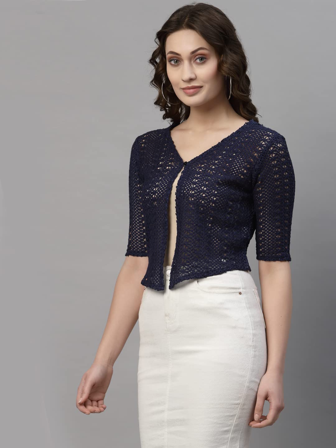 Style Quotient Women Self Design Navy Cotton lace Regular Smart Casual Shrug
