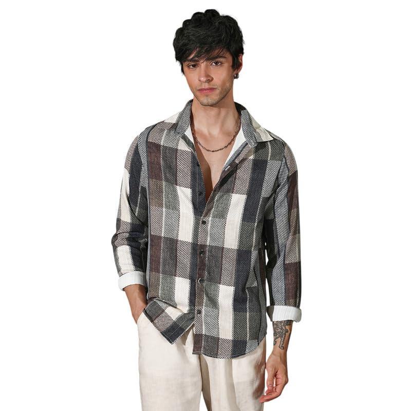 Campus Sutra MenS Multicolour Woven-Block Oversized Shirt For Casual Wear | Spread Collar | Long Sleeve | Button Closure | Over