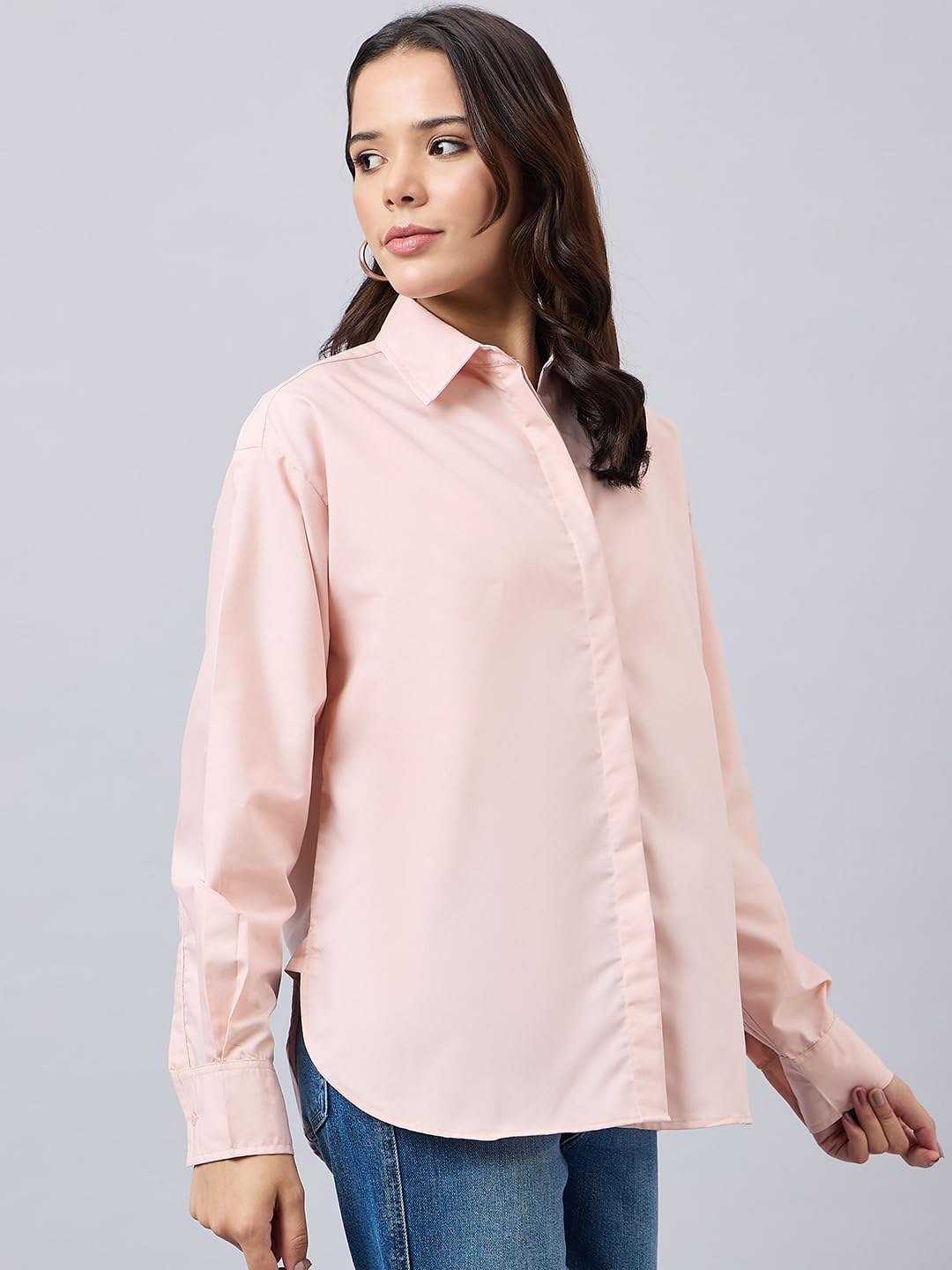 Style Quotient Women Solid Nude Smart Casual Oversized Polycotton Shirt