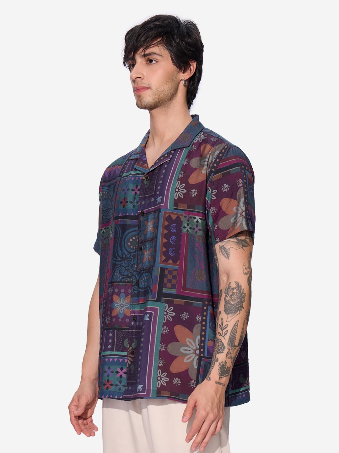 The Souled Store Dark Paisley Men and Boys Short Sleeves Collared Neck Button Front Regular Fit All Over Printed Rayon Blend Hol