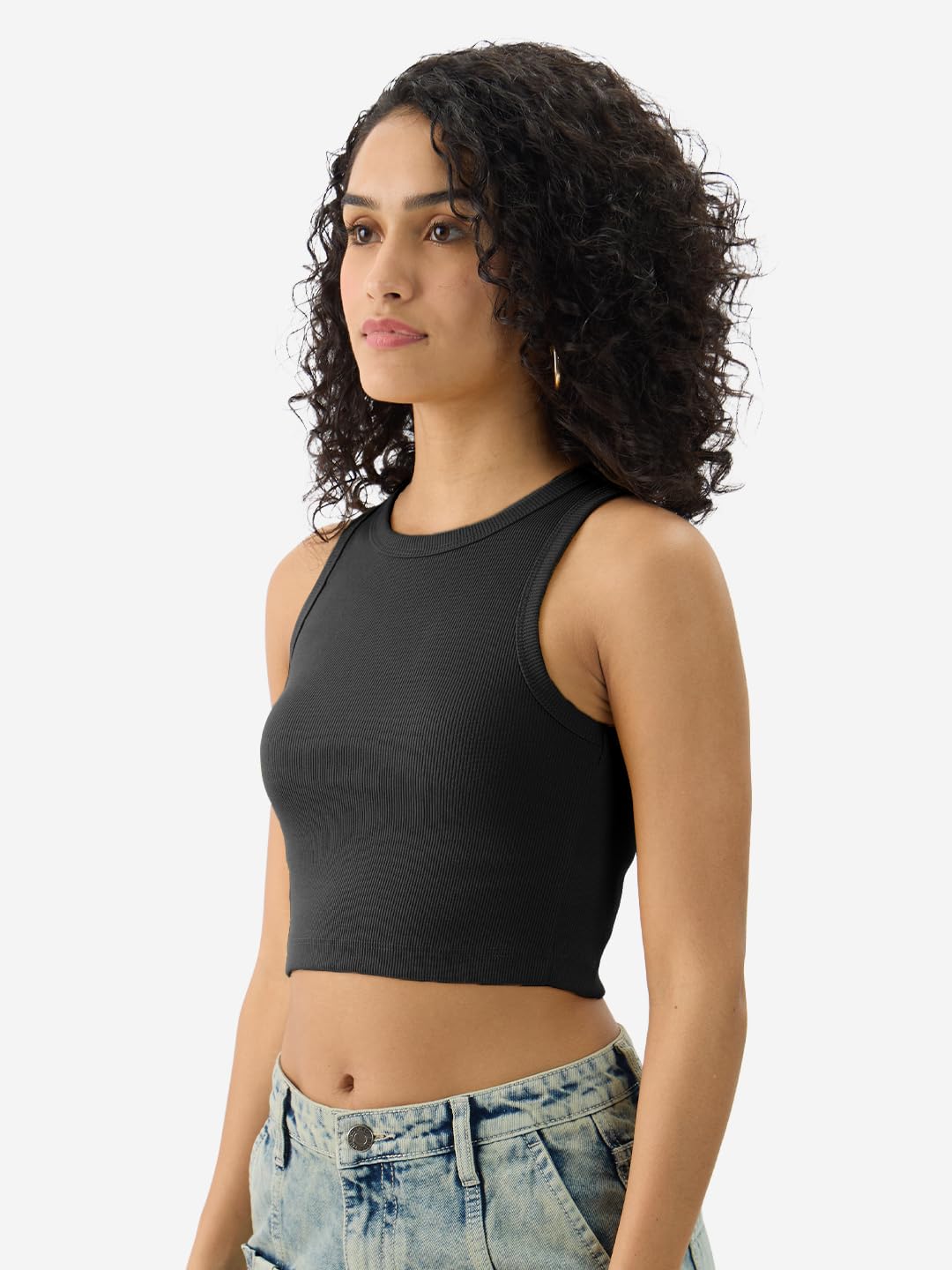 The Souled Store Solids: Midnight Black Women and Girls Round Neck Sleeveless Cotton Blend Slim Fit Tank Tops
