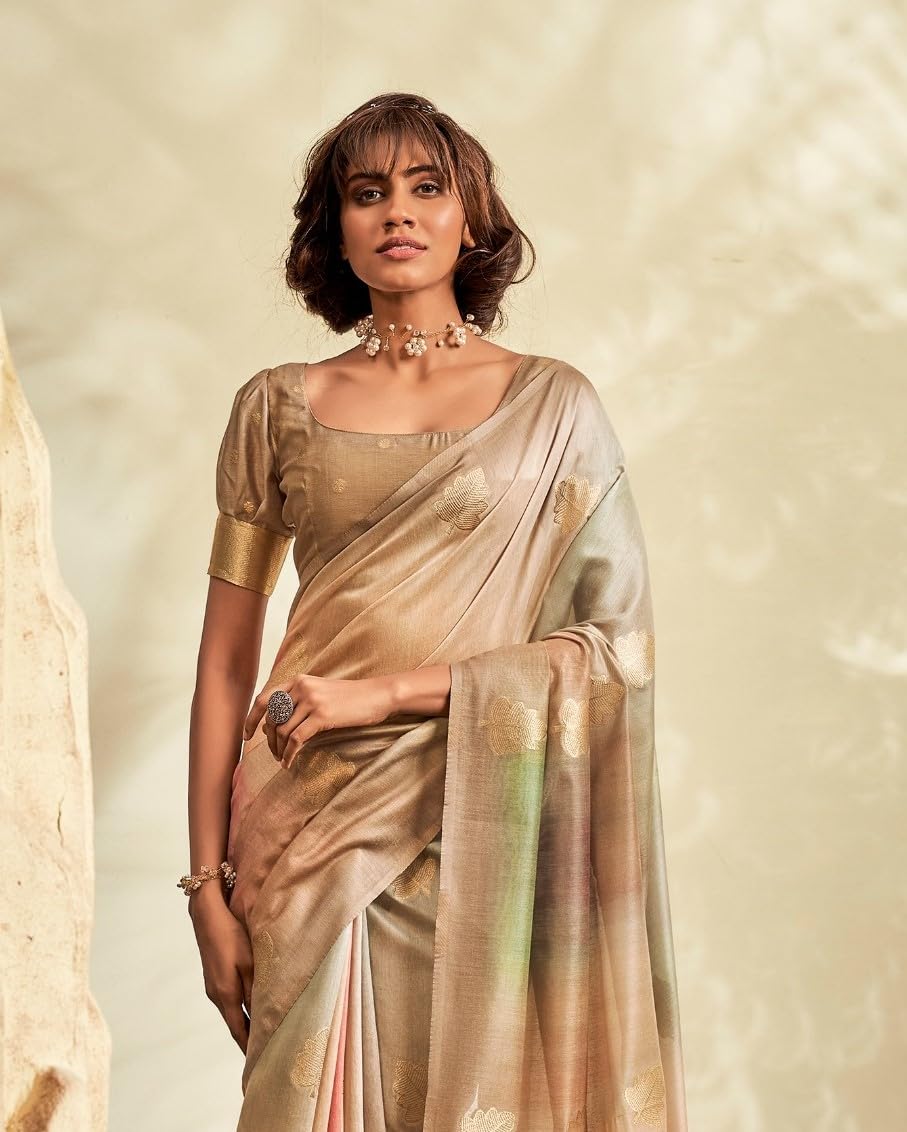 Pujia Mills WomenS Leaf Zari Woven Design With Ombre Print Silk Saree With Unstitched Blouse