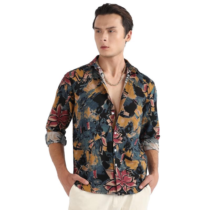 Campus Sutra Mens Multicolour Artistic Flowers Shirt for Casual Wear | Spread Collar | Long Sleeve | Button Closure | Cotton Sh