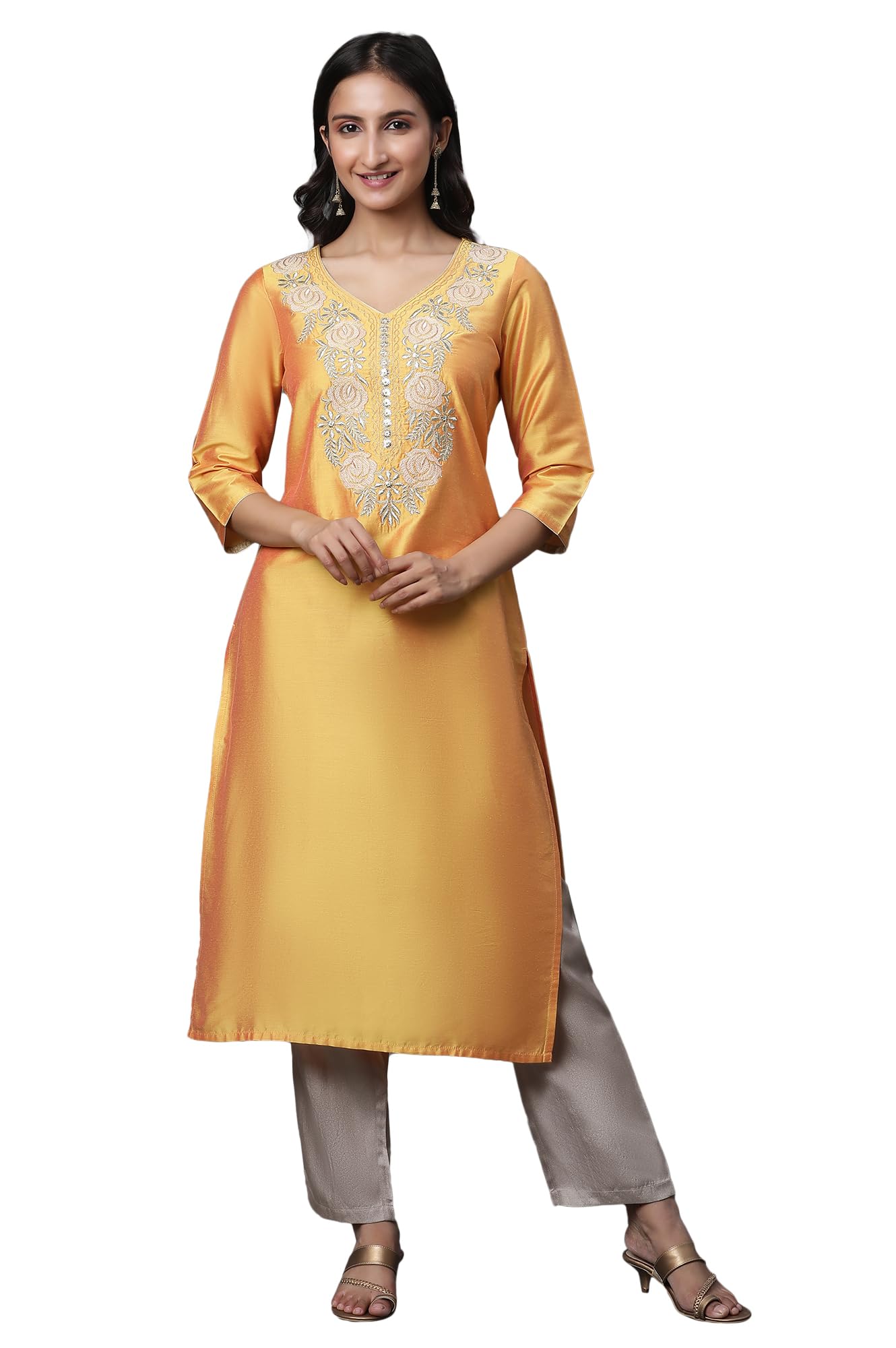 Aurelia Women's Mustard Yellow Solid Solid Viscose Poly Straight Kurta_23AUA14761-704682_XS