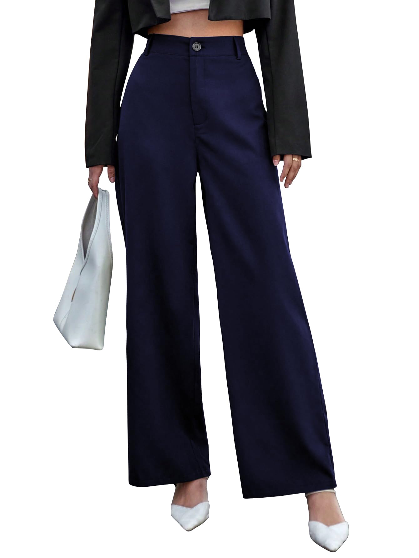 Toochki Straight Pants Trousers for Women with High Waist, Formal dex Pant for Women Office Wear Navy Blue