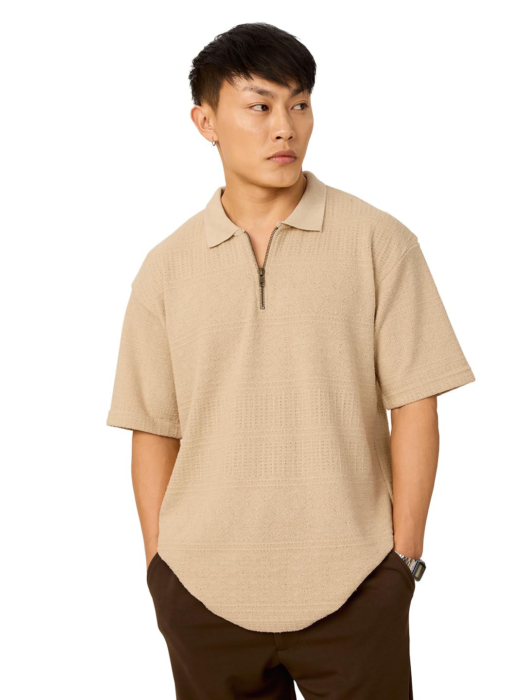 The Souled Store Canoli Short Sleeve Collared Neck Oversized Fit Textured Cotton Zipper Polos for Men and Boys