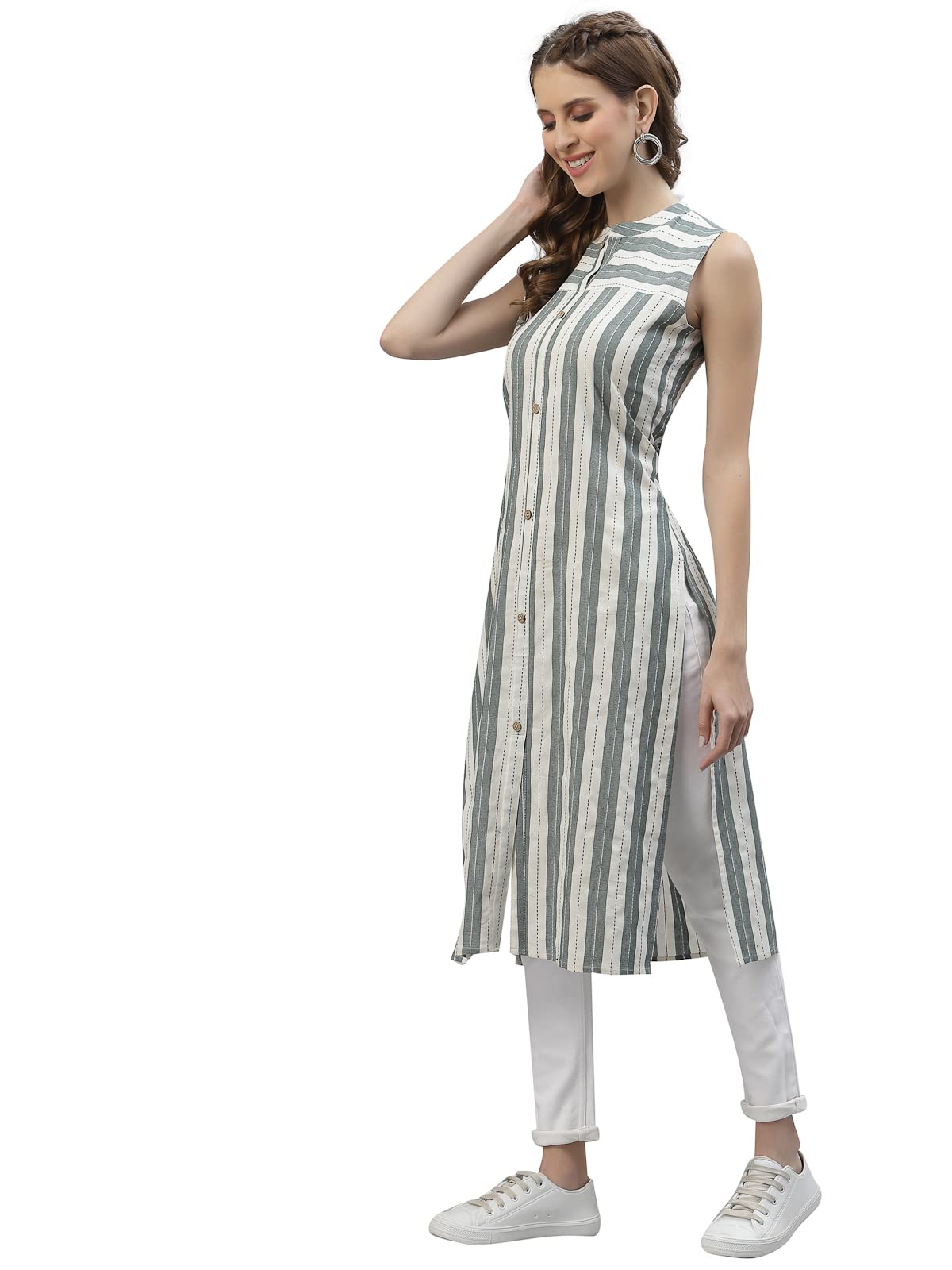 Stylum Women's Self Woven Striped Cotton Blend Straight Kurta (Off White)