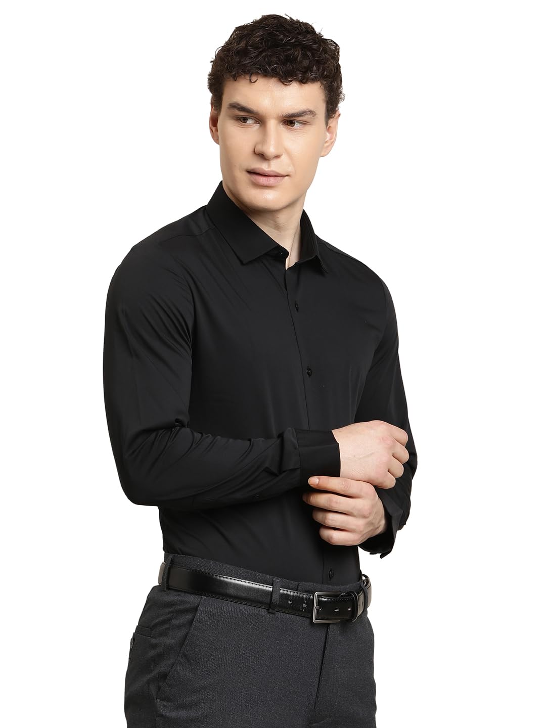 Turtle Men Black Slim Fit Solid Polyviscose Formal Shirt