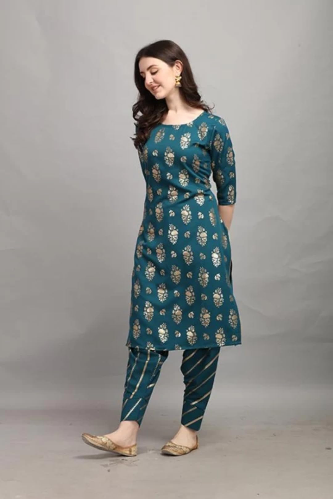 Gufrina WomenS Rayon Straight Kurta & Dhoti Pant With Round Neck 3/4Th Sleeves Solid Pattern Calf Length A Line Style And Regul
