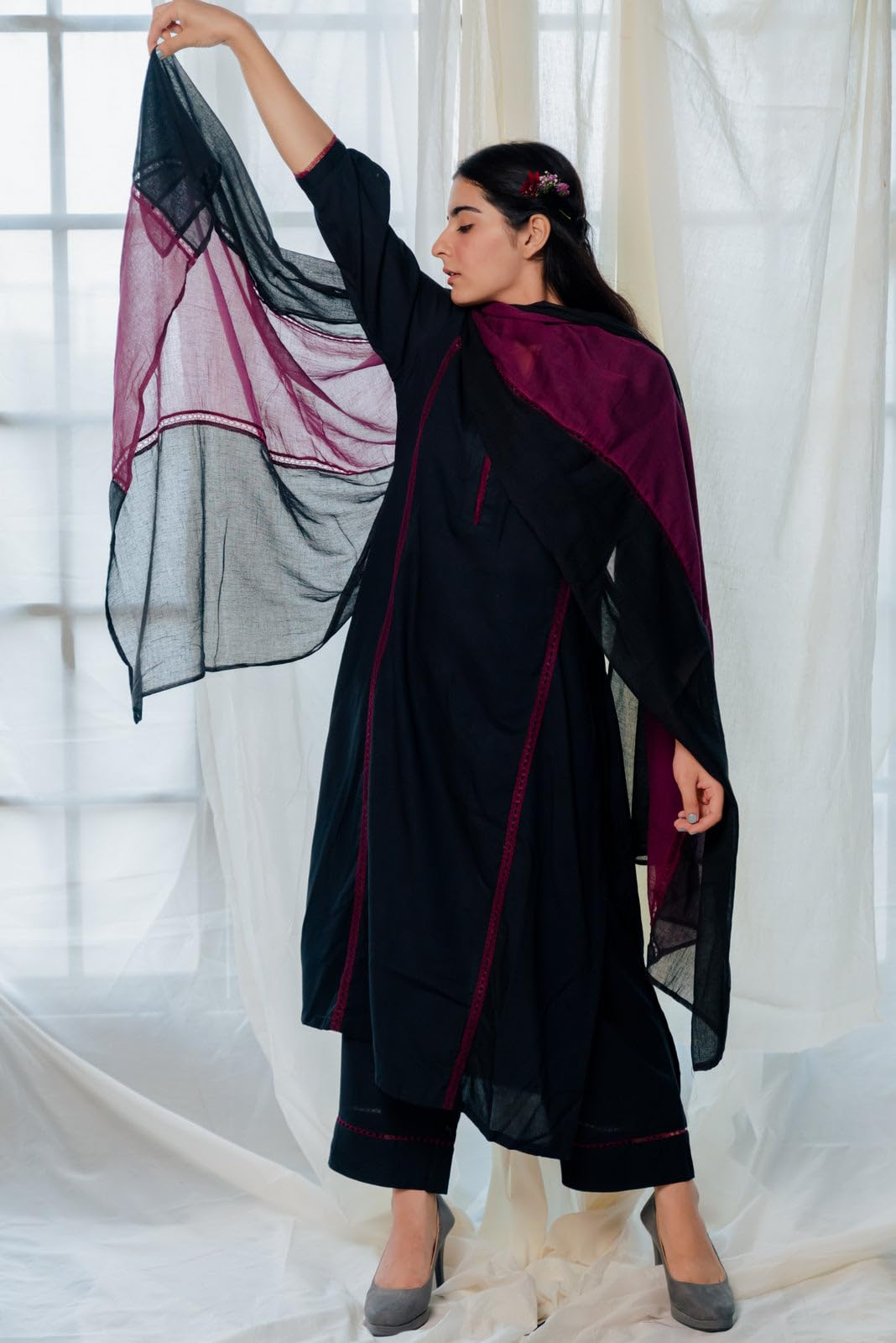 ANNI DESIGNER Women's Kurta Set - Rayon Viscose, Black, Medium - Includes Trousers & Dupatta, Model NANAD BLACK