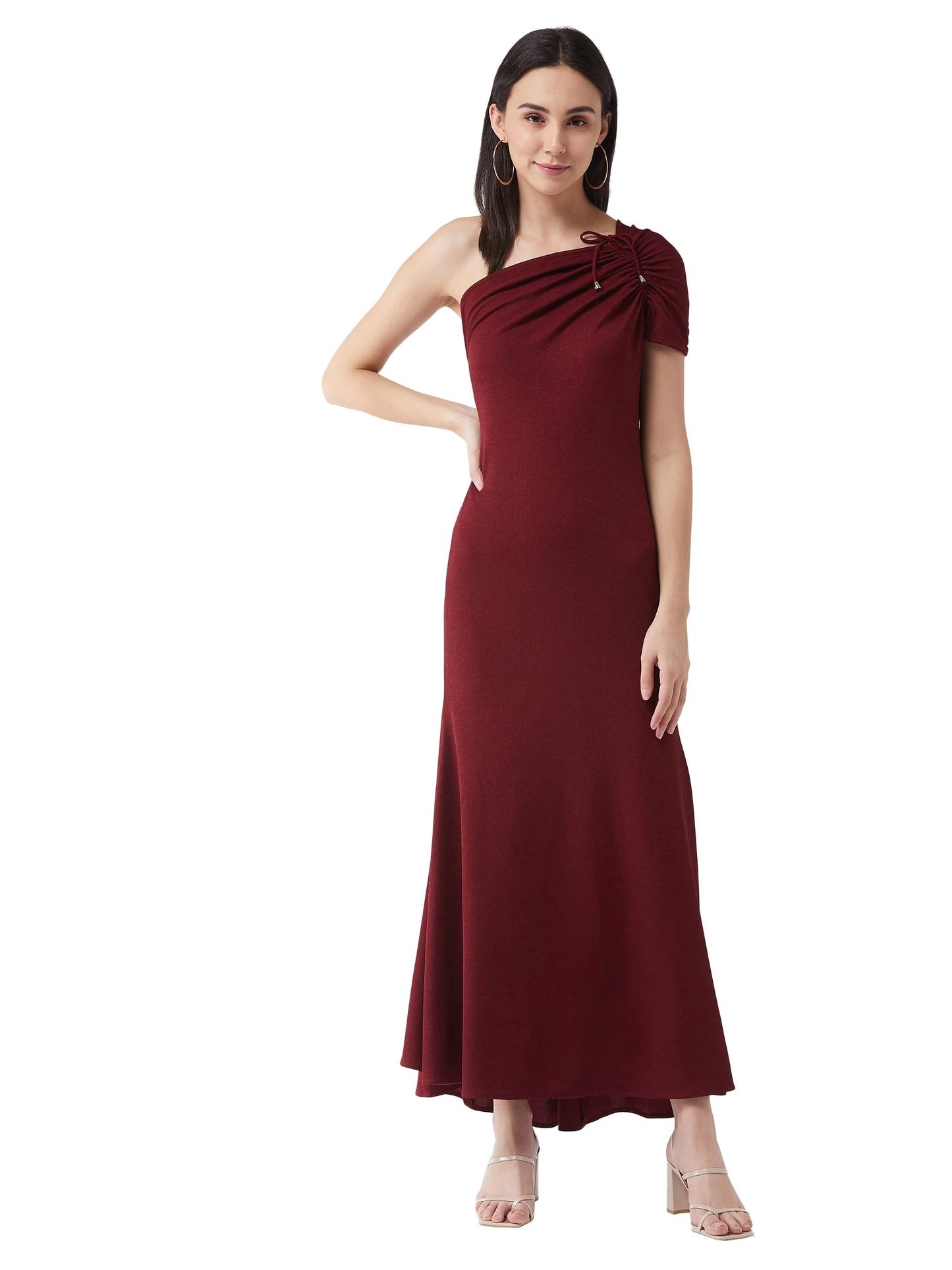 Miss Chase WomenS Maroon One-Shoulder Half Sleeve Solid Ruching Maxi Dress(Mcaw21D13-39-143-05,Maroon,L)