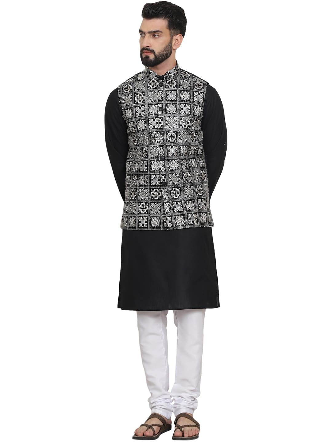SOJANYA (Since 1958 Men's Cotton Solid Black Kurta and White Pyjama with Embroidered Black Nehru Jacket