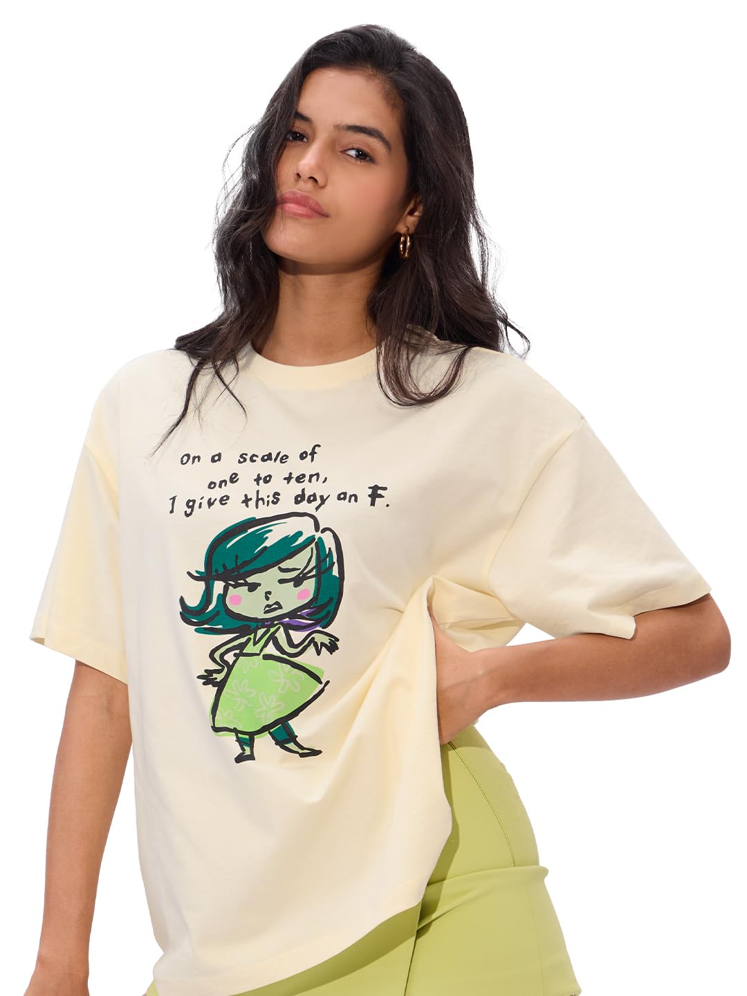 The Souled Store Official Inside Out Originals: Disgust Women and Girls Short Sleeve Round Neck Black Graphic Printed Cotton Ove