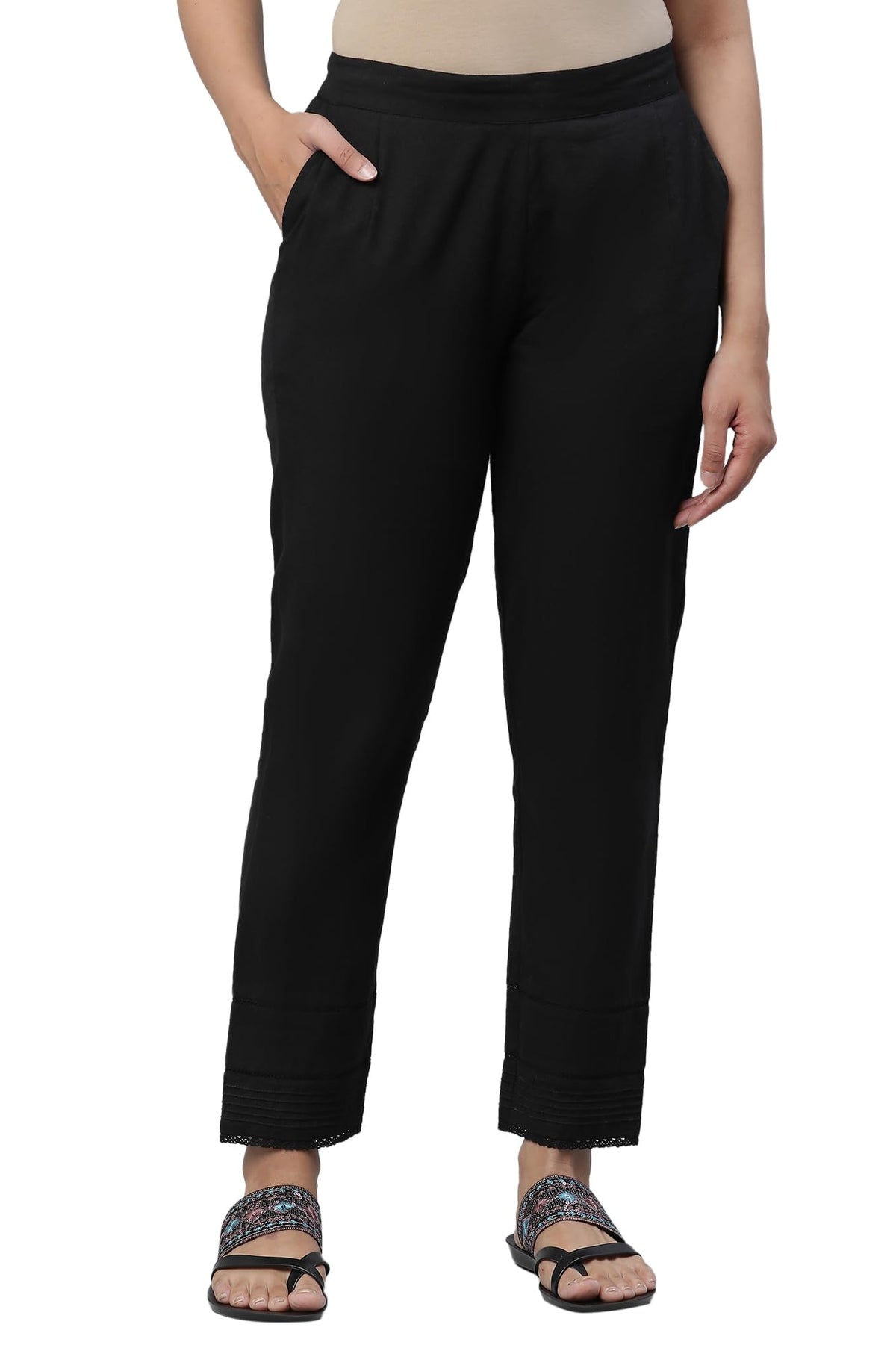 Aurelia Black Solid Cotton Blend Regular Trousers for Women