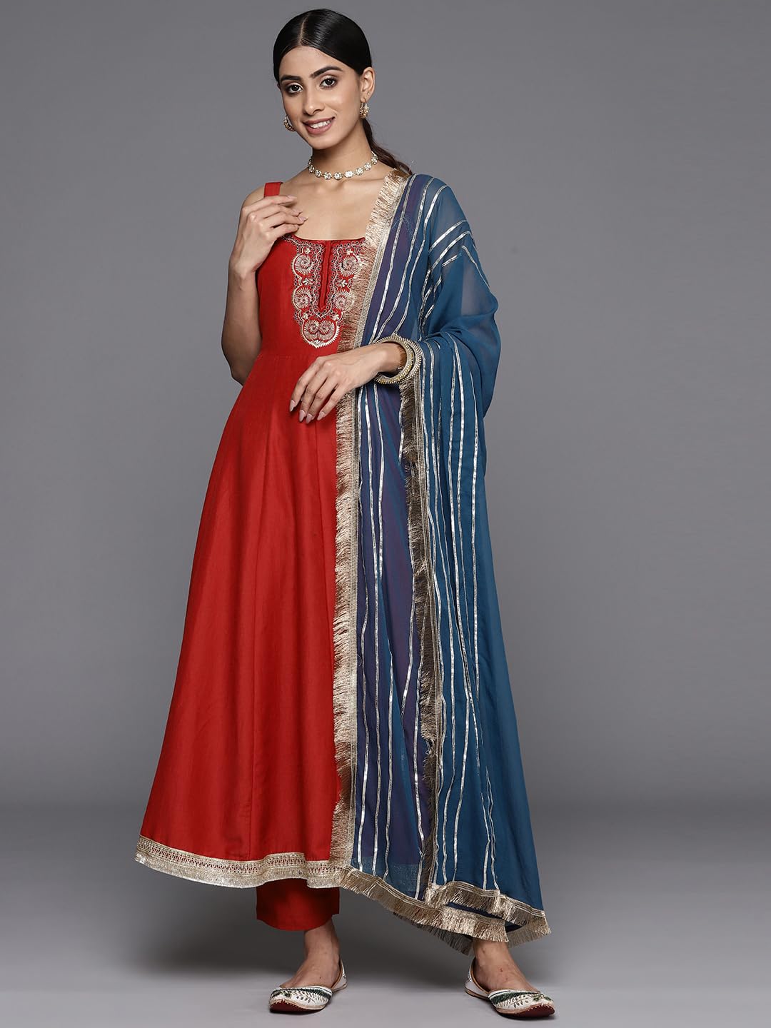 Varanga Women Red Scalloped Round Neck Yoke Embroidered, Spaghetti Strap Style Anarkali Kurta Paired with Tonal Bottm and Contrast Dupatta