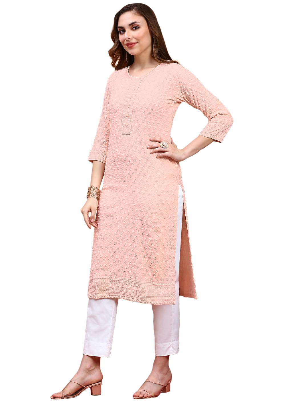ishin Women Peach Viscose Rayon Kurta