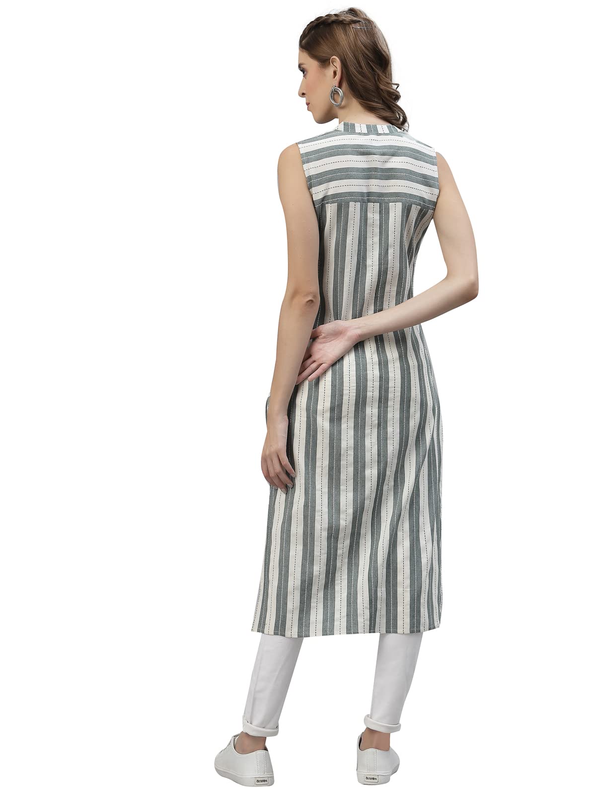 Stylum Women's Self Woven Striped Cotton Blend Straight Kurta (Off White)