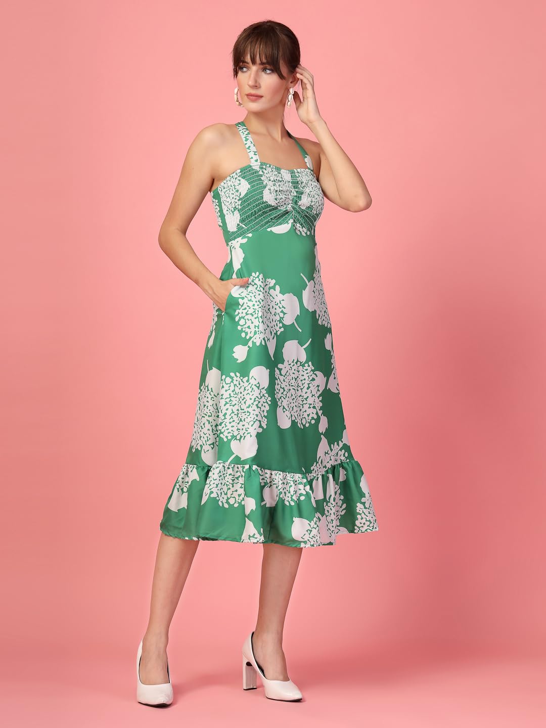 Oomph! WomenS Western & Fusion Wear Printed Crepe Dress For Women, Smocked Bodice, Green - Md1051