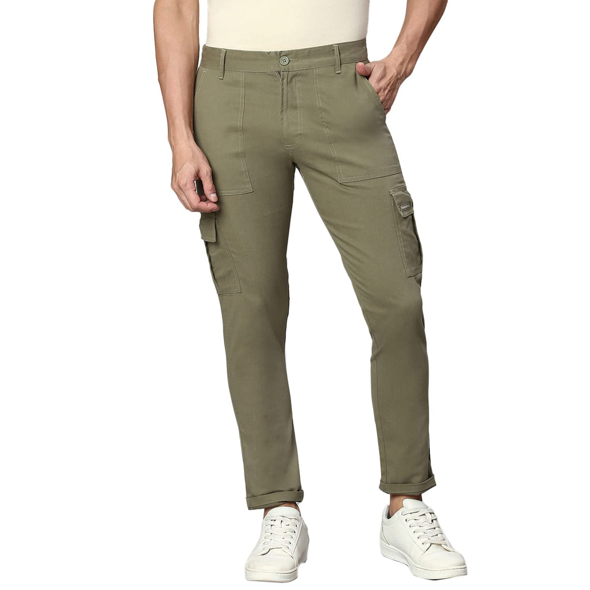 Hubberholme MenS Regular Fit Cotton Trousers With Patch Pockets, Ankle Length Button Closure Cargo Chinos Light Olive