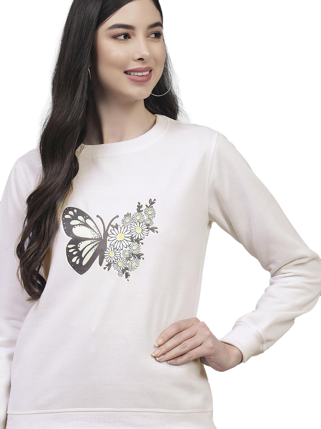 Kotty Women Full Sleeve Round Neck Sweatshirt Stone White