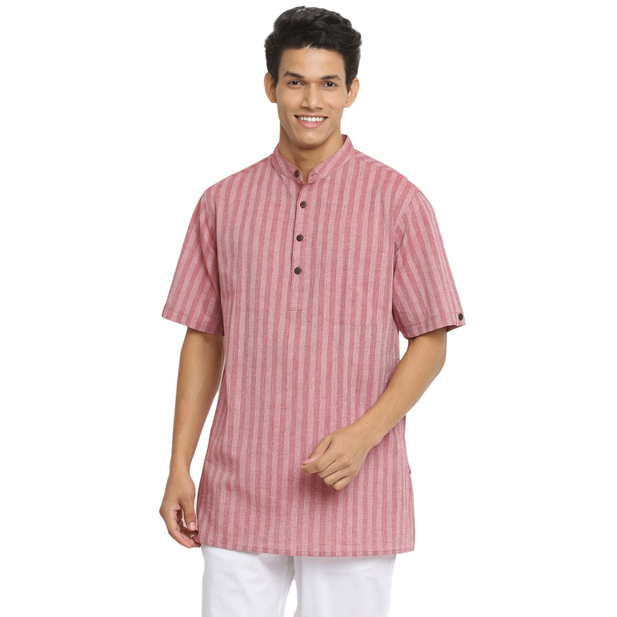 Fabindia Men Collar Stripe Cotton Short Kurta Chinese_L Maroon