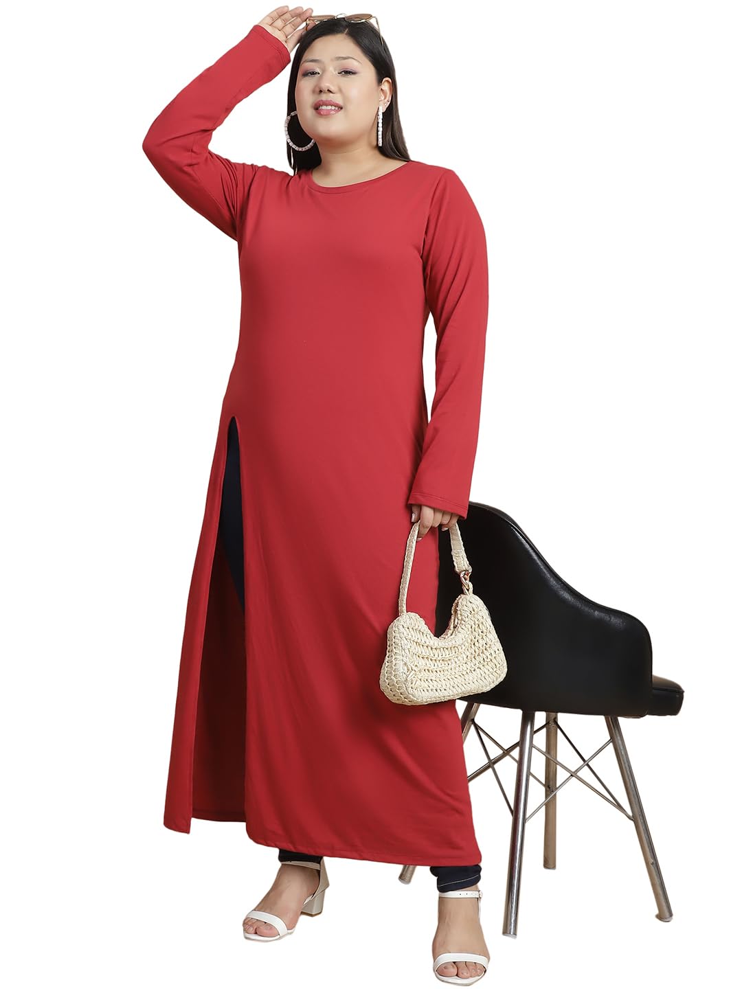 Rigo Cotton Plus Size Maxi Top For Women | Front Slit, Full Sleeve, Round Neck Maxi Top For Women | Longline Stylish Tops For Wo