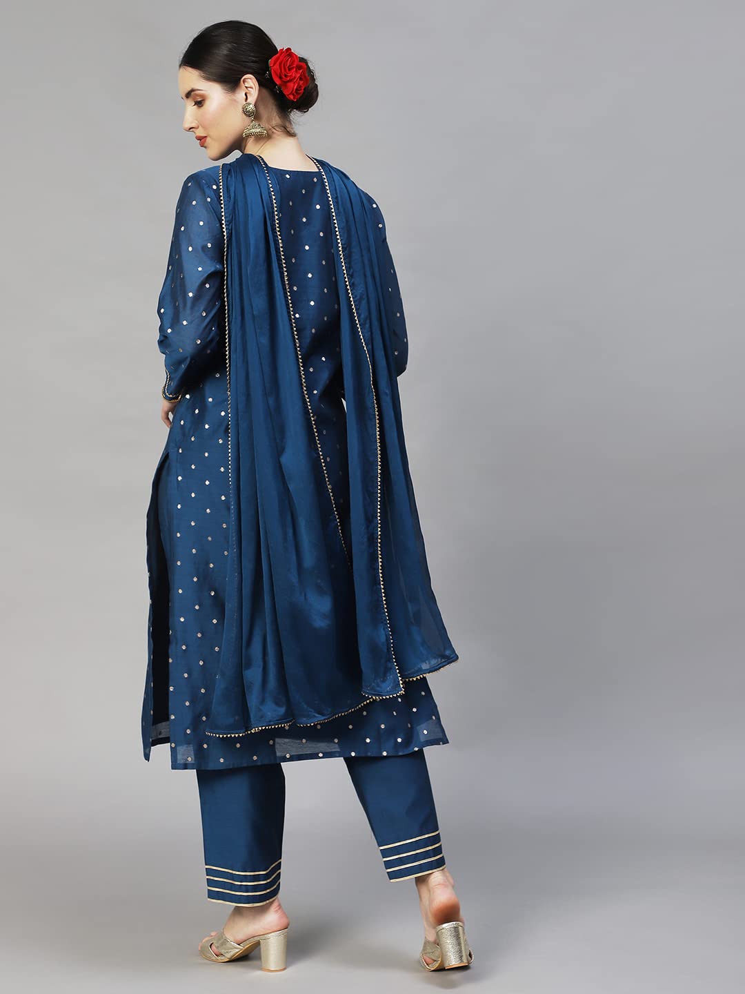 ishin Womens Silk Blend A-Line Embroidered Sequinned Kurta suit set With Dupatta & Trouser