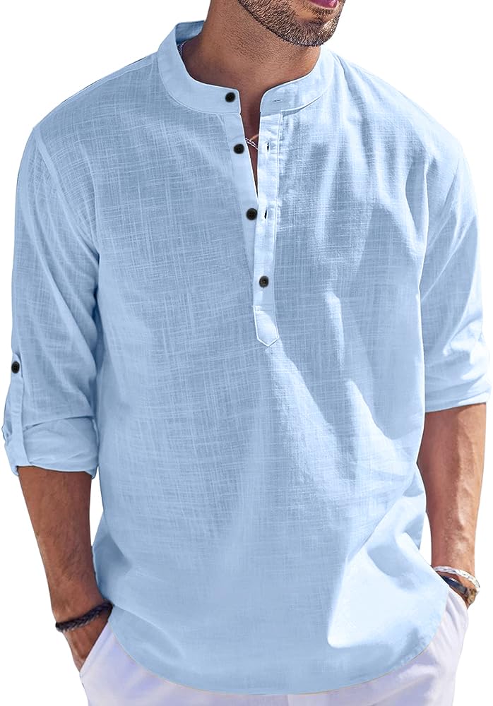 Hemrin Men Solid Cotton Blend Straight Kurta Shirt Sky Blue