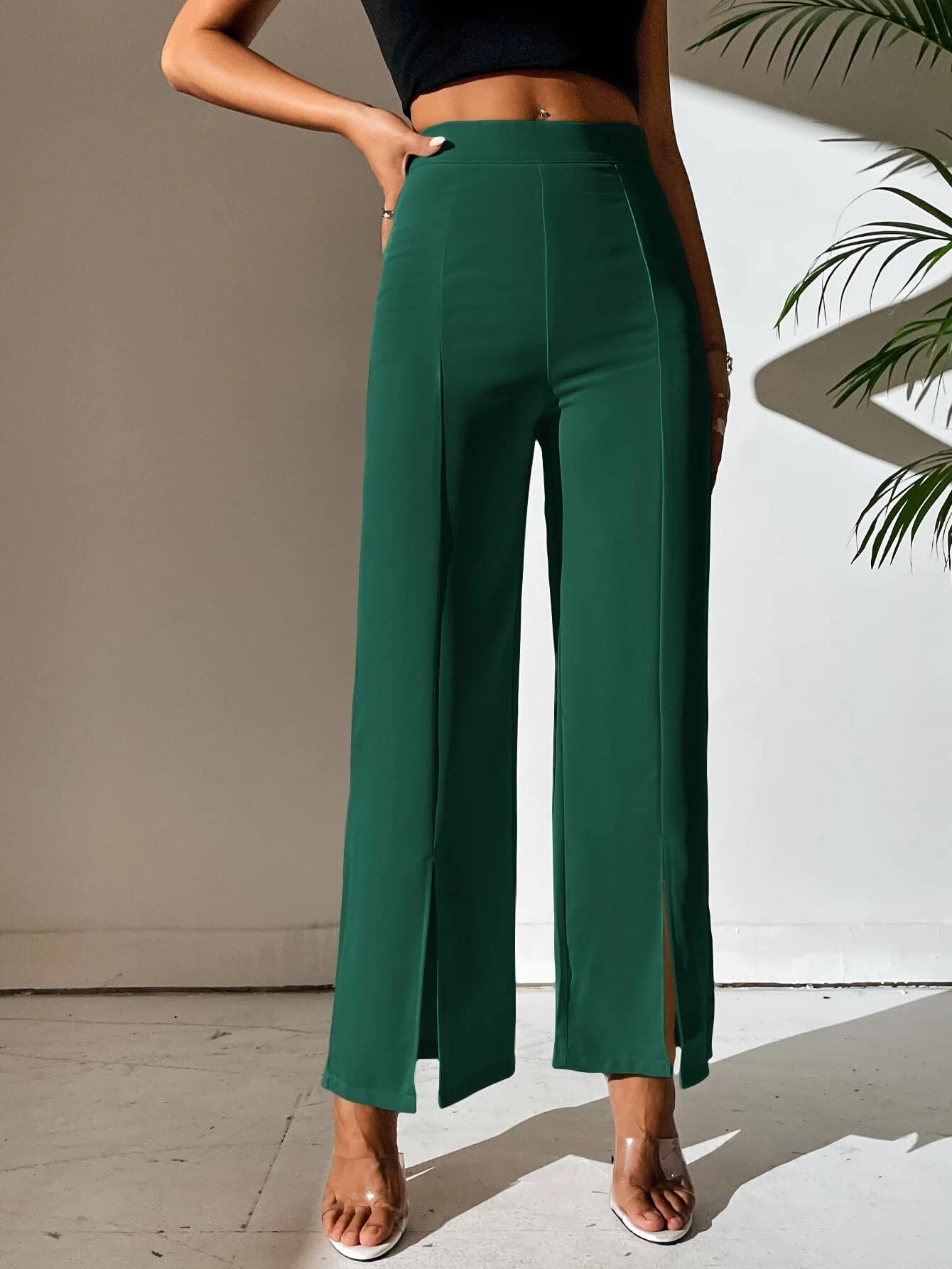 Shasmi Bottle Green Womens Dress Pants Stretchy Work Slacks Business Casual Office Bootcut Leg Elastic Waist Regular Fit Plazzo