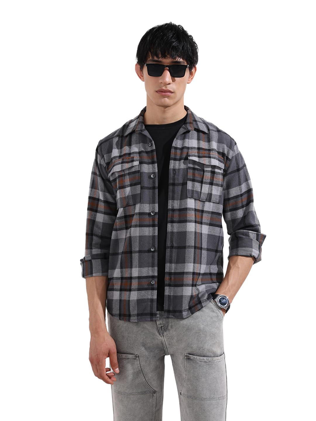 The Indian Garage Co Mens Regular Fit Checked Casual Overshirt Sweater